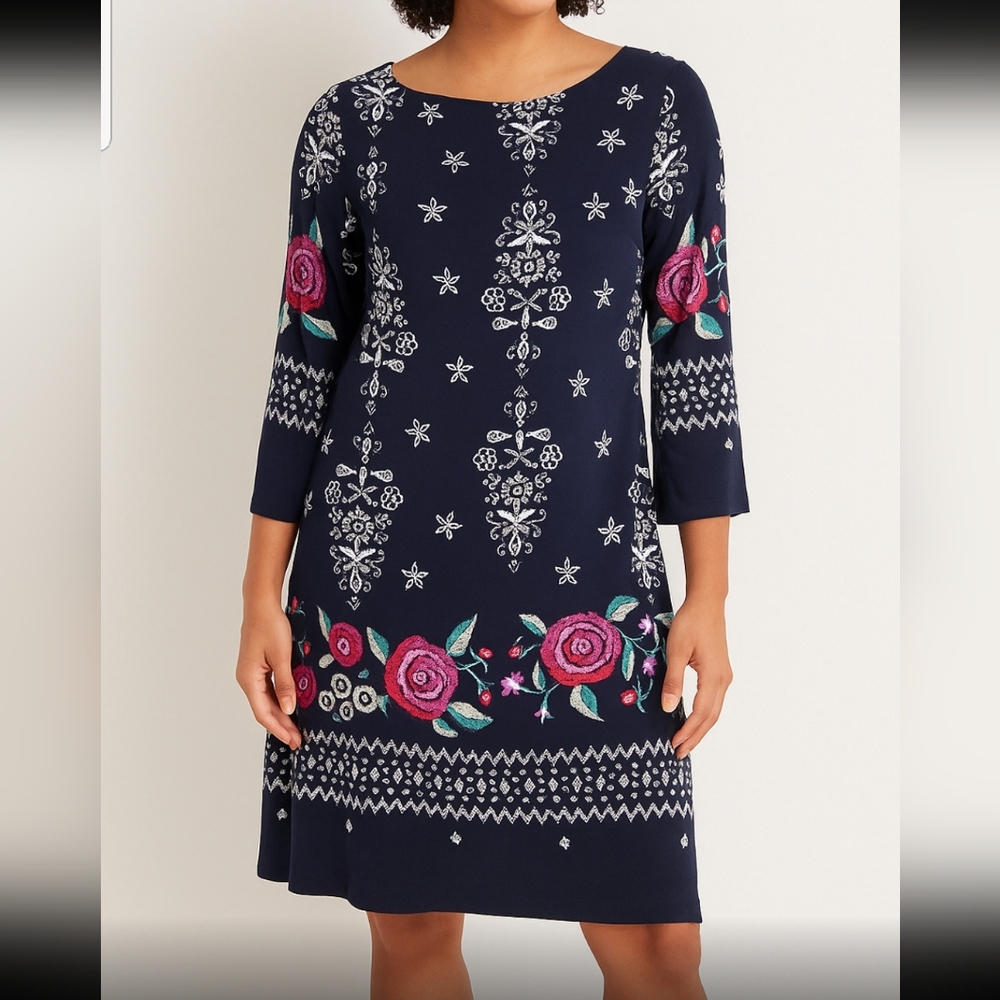 Enfocus Studio Womans 8 Floral Print Sheath Dress 3/4 Sleeve Pull On Navy